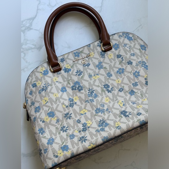 Michael Kors Cindy Vanilla Dome Satchel Purse Floral Print Blue Yellow Leather - Picture 15 of 17